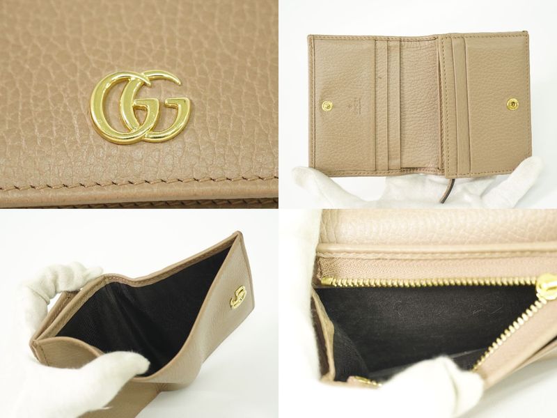 Authentic Gucci GG Marmont Fold Wallet Compact Wallet Leather Beige 456126