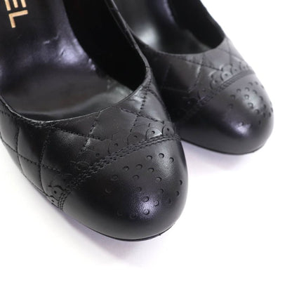 CHANEL G29111 Perforated Coco Mark Matelasse Almond Toe Leather Pumps Black