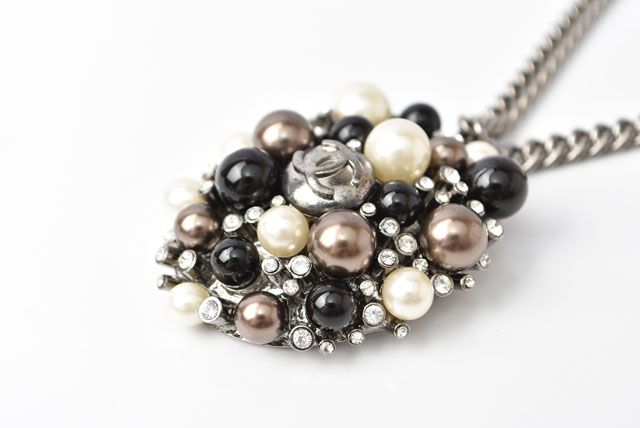 Chanel Necklace Pendant Chanel CC Marked Rhinestone Pearl Black White Silver
