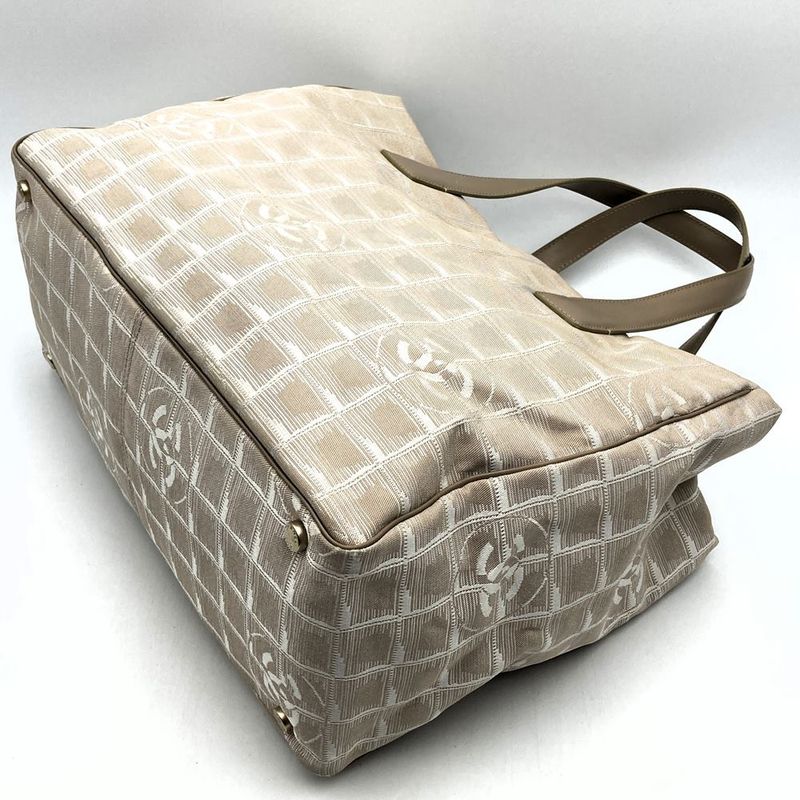 Chanel New Travel Line MM Tote Bag Handbag Nylon Leather Beige Ladies Men