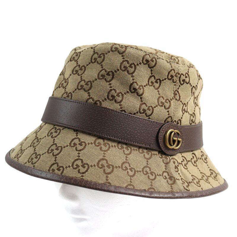 Gucci 576587 GG Canvas Fedora Hat GG Marmont Leather Trim Bucket Hat Beige