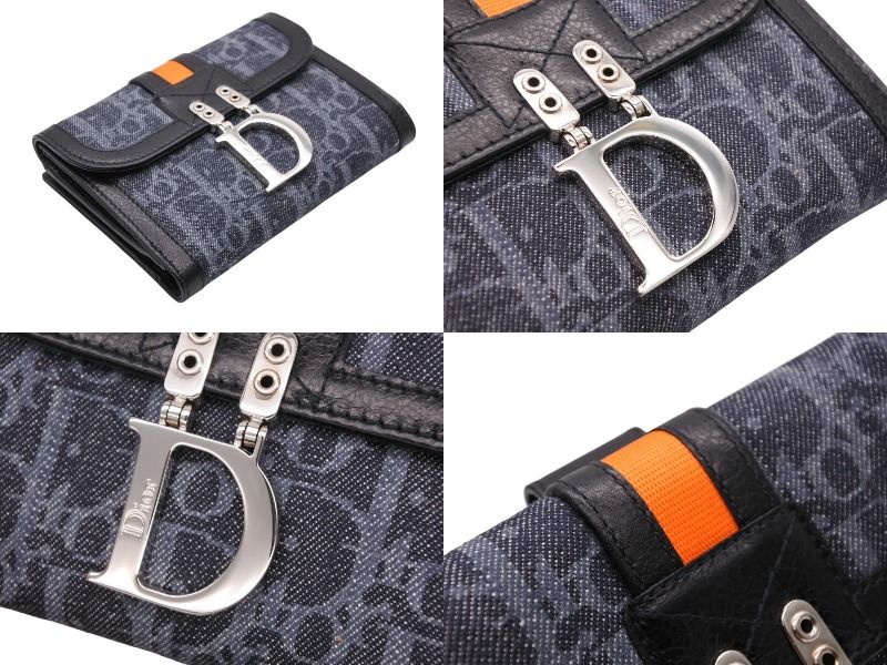 Dior Bifold Wallet Compact Trotter Line Navy Black Orange — view 3