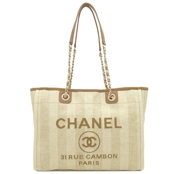 Chanel Deauville Tote MM Fabric Leather Besh Gold Hardware Shoulder Bag Chain