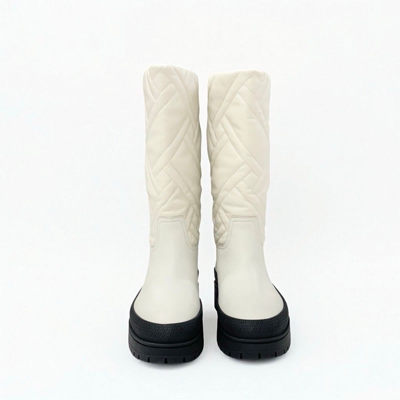 Hermes Fuji Boots Long Shoes Leather Ivory Exlibris Quilting