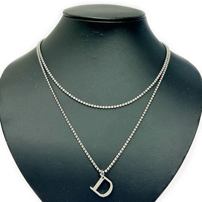 Christian Dior Metal Rhinestone D Logo Necklace Women's Silver 348024 Necklace