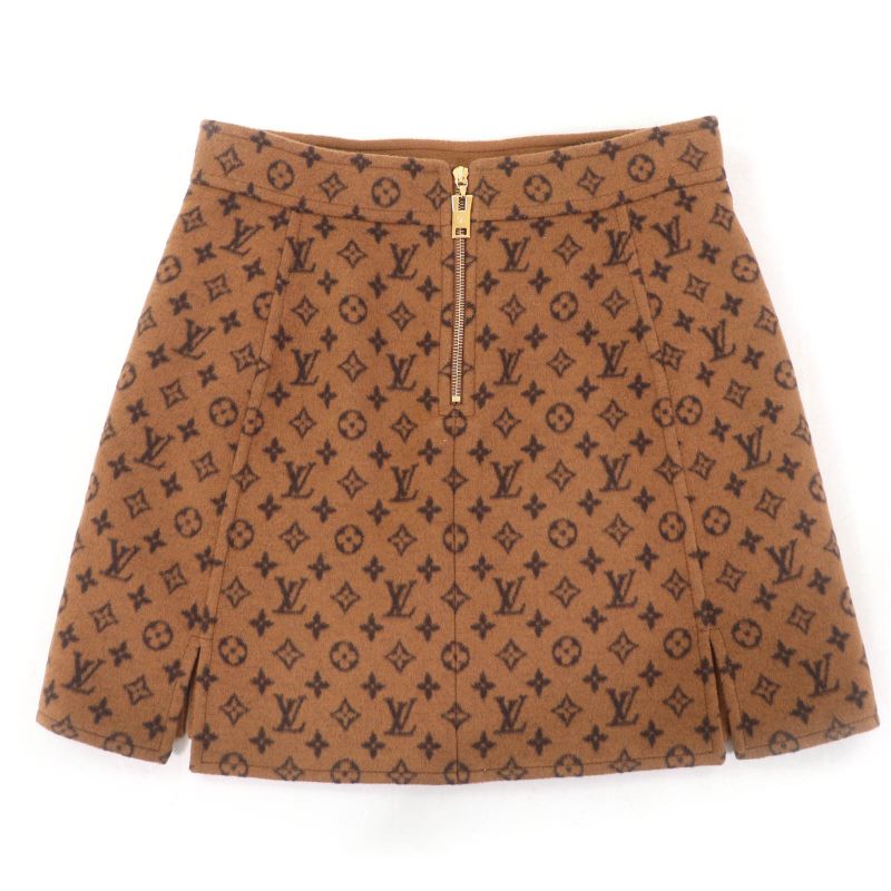 Louis Vuitton 22SS Wool Silk Monogram LV Gold Button Trapeze Miniskirt Brown 40