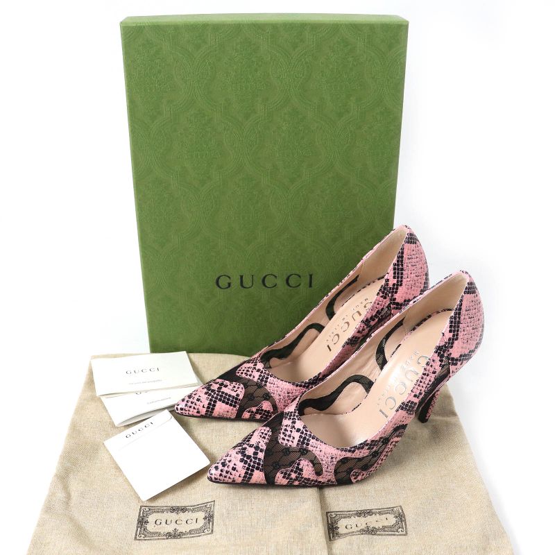 Gucci 738689 GG Rambus Python Print Pointed Toe High Heel Leather Pumps Pink