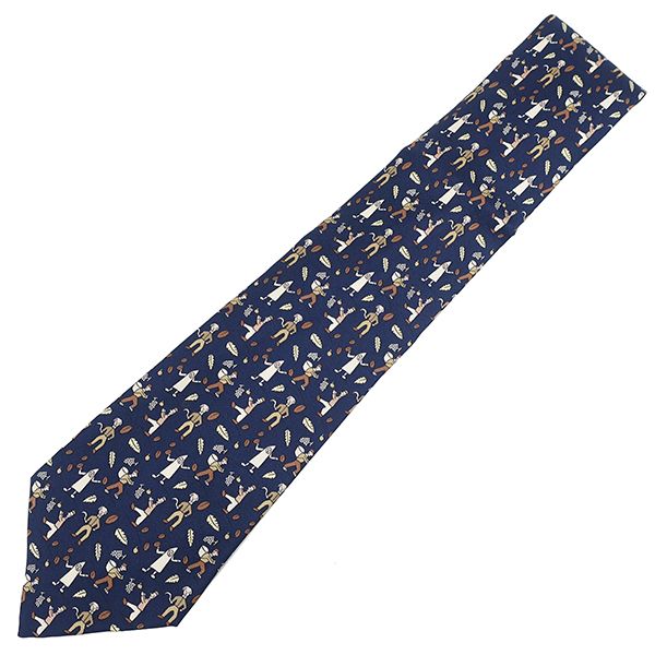 Hermes Necktie Fruit Picking Fallen Leaves 9cm (3.54in) Silk Blue and Brown