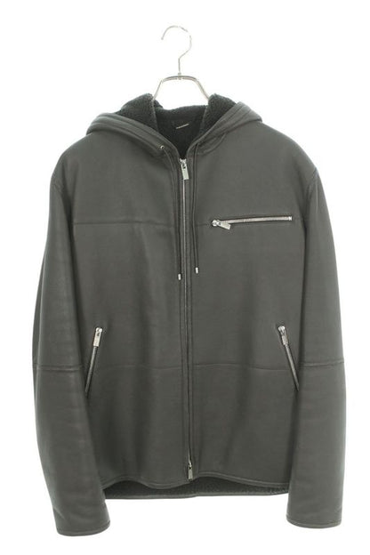Hermes Zip Up Mouton Hooded Leather Jacket Blouson Men's