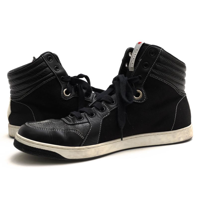 Gucci Shoes Sneakers Shoes High Cut Men Cotton Canvas Leather Black 254918