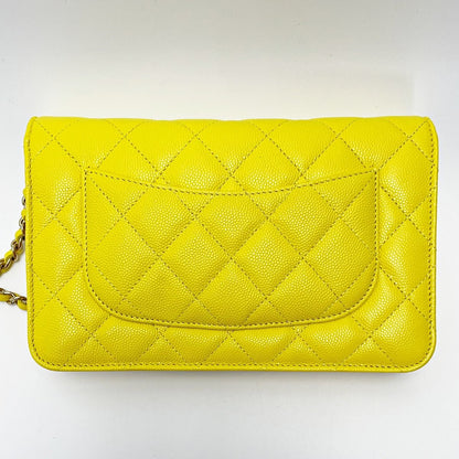 Chanel Matelasse Ap0250 Yellow Chain Wallet Shoulder Bag Caviar Skin Ladies