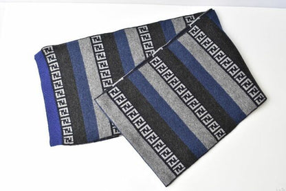 Fendi Scarf Fendi Winter Scarf Wool Blend FF Zucca Pattern Striped Blue Gray