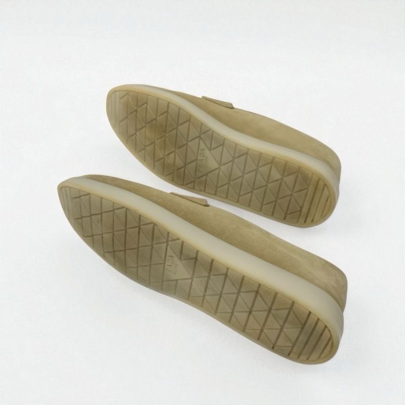 Prada Loafers Leather Shoes Suede Beige Gold Triangle Logo