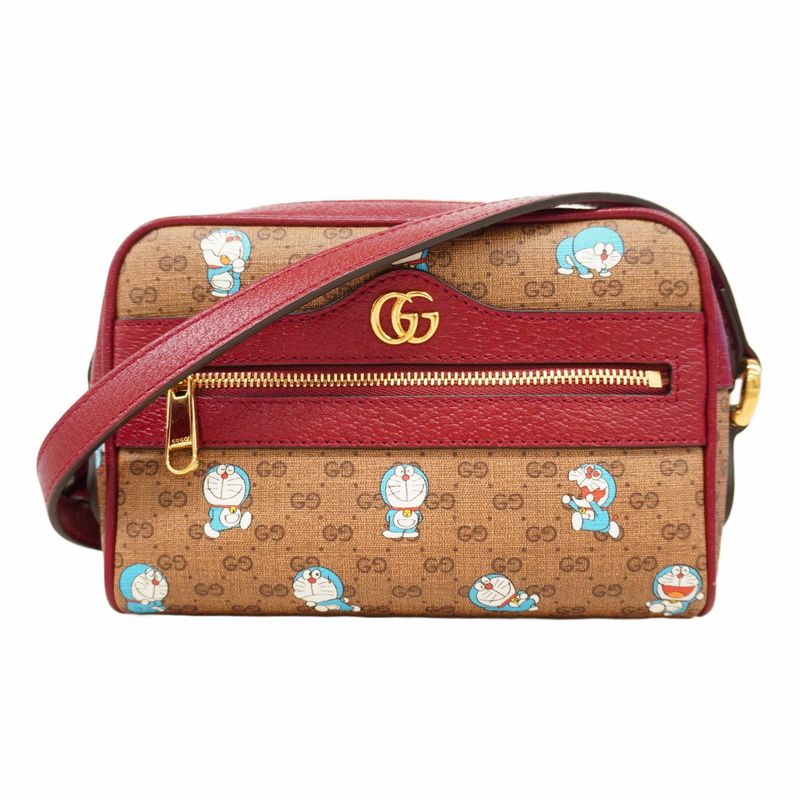 Gucci Shoulder Bag GG Supreme Doraemon 647784 PVC Beige Red Gold Hardware Women