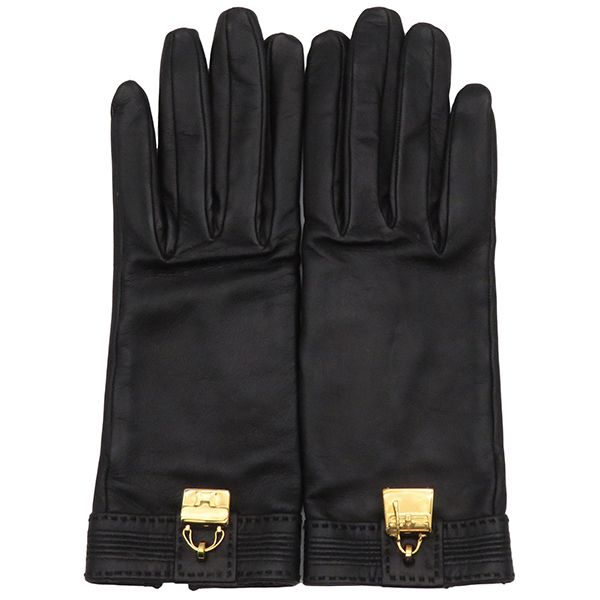 Hermes Gloves Leather Black #6.5 Gold Hardware Black Bolide Kelly [box