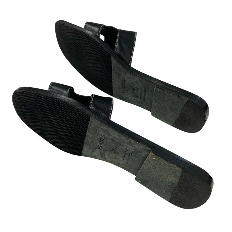 Hermes Oran Sandals Shoes Leather Black Flat Sandals Mules