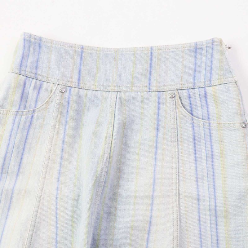 CHANEL P58766 Cotton Striped Hem Cut Off Denim Skirt Light Blue 34 Made In