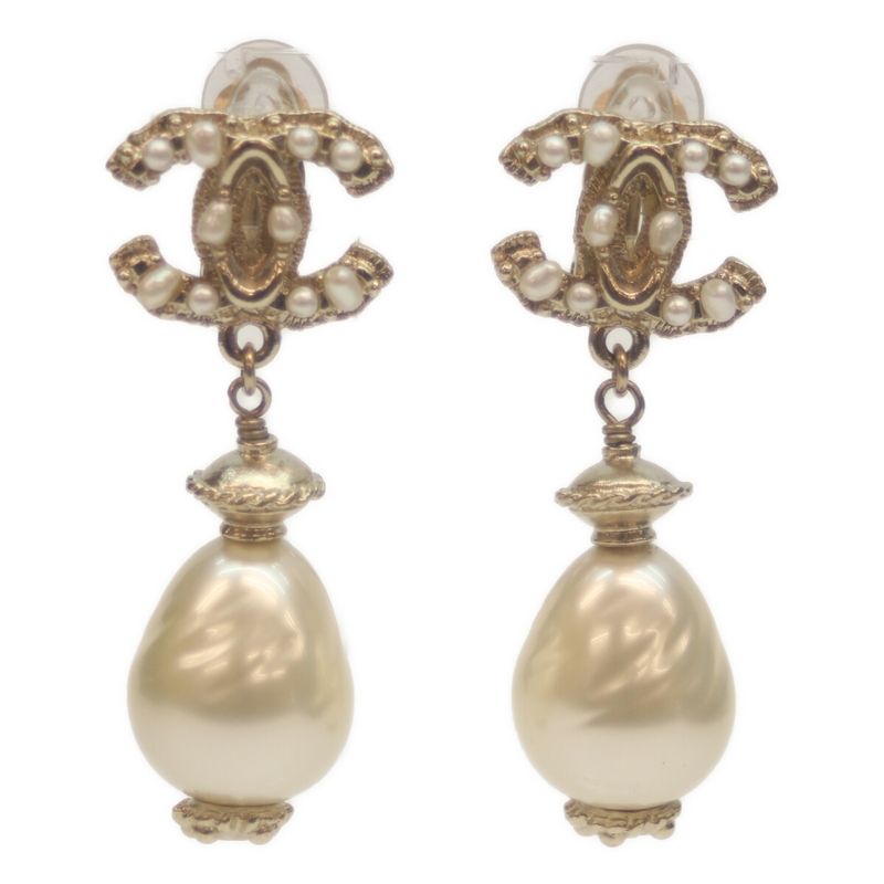 Chanel A11C GP Swing Pearl Coco Mark Earrings 90 Gold Faux Pearl Baroque Pearl