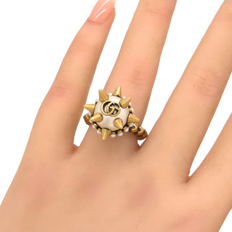 Gucci 582608 Double G Glass Pearl Studded Ring S Approx 13 Gold-tone Metal Aged