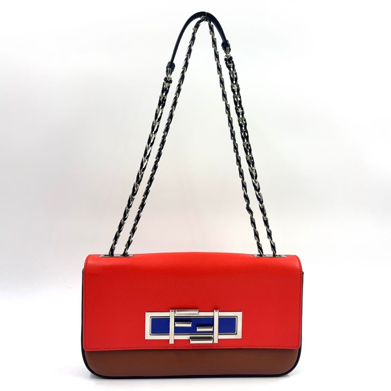 Fendi Baguette Chain Shoulder Leather Orange Brown And Black Shoulder Bag Silver