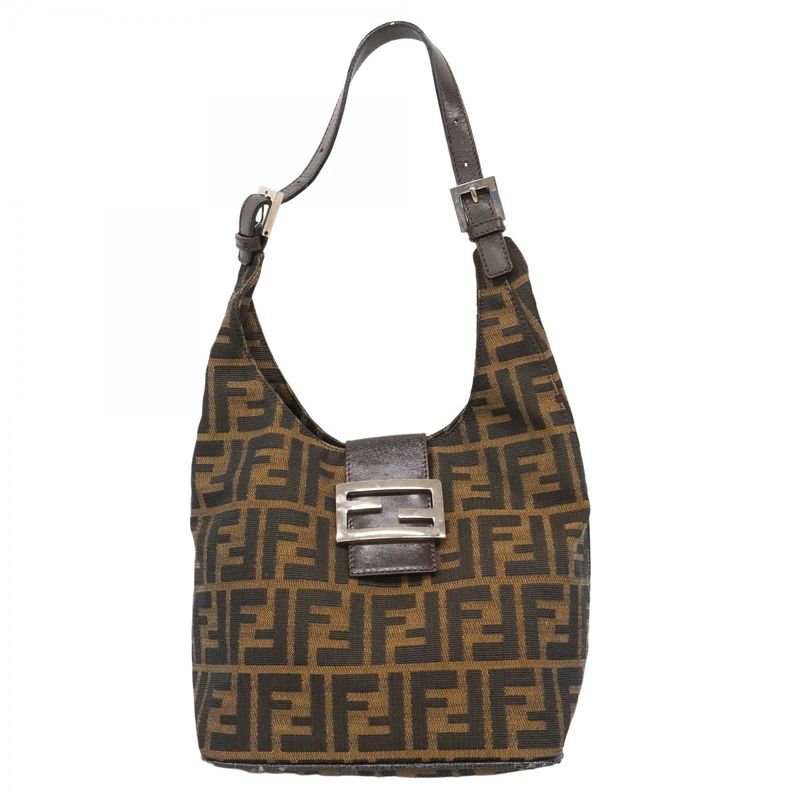 Fendi Handbag Zucca Nylon Canvas Brown Silver Hardware Women