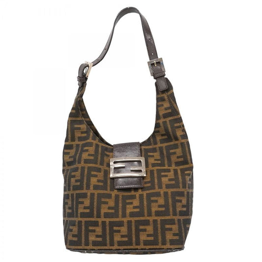 Fendi Handbag Zucca Nylon Canvas Brown Silver Hardware Women