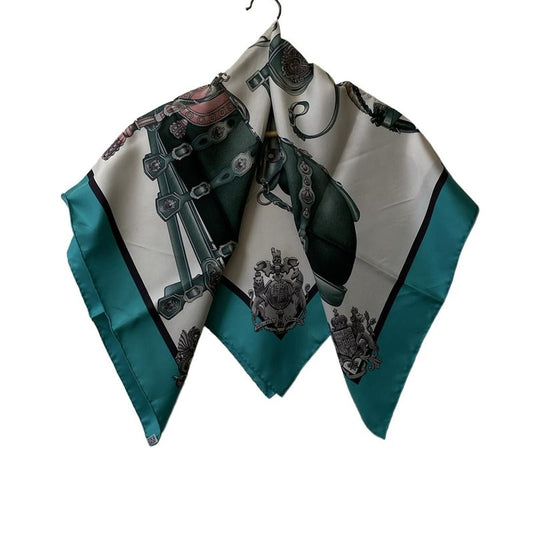 Hermes Scarf Carré 90 White Green And Pink Harnais DE COUR / Harness Silk