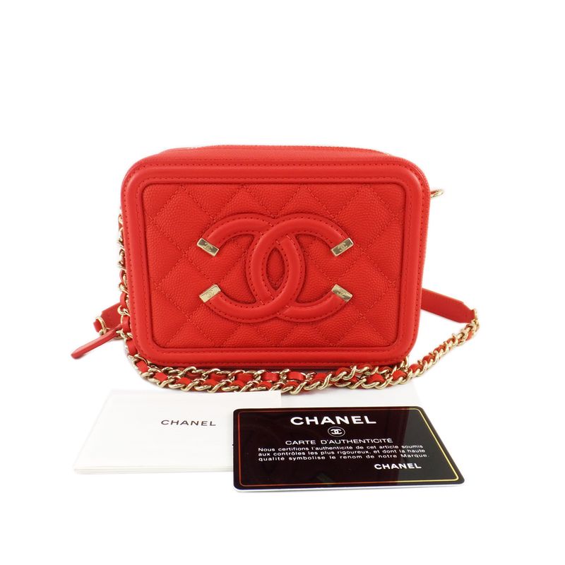 Chanel CC Filigree-mini Chain Shoulder Bag Red Caviar Skin Coco Mark
