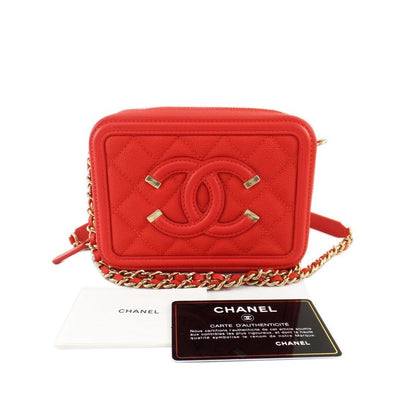 Chanel CC Filigree-mini Chain Shoulder Bag Red Caviar Skin Coco Mark