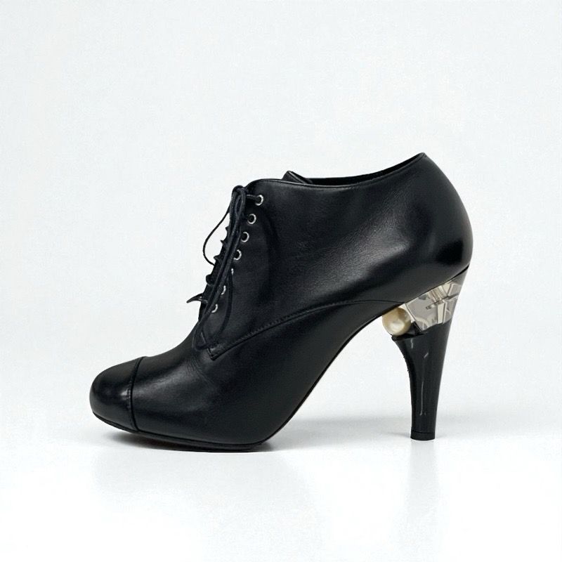 Chanel Boots Short Boots Shoes Leather Black Lace Up Pearl Booties