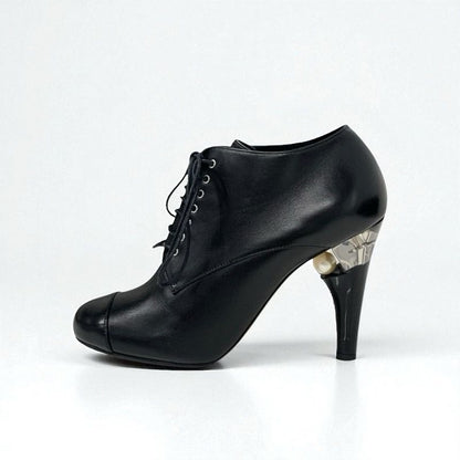 Chanel Boots Short Boots Shoes Leather Black Lace Up Pearl Booties