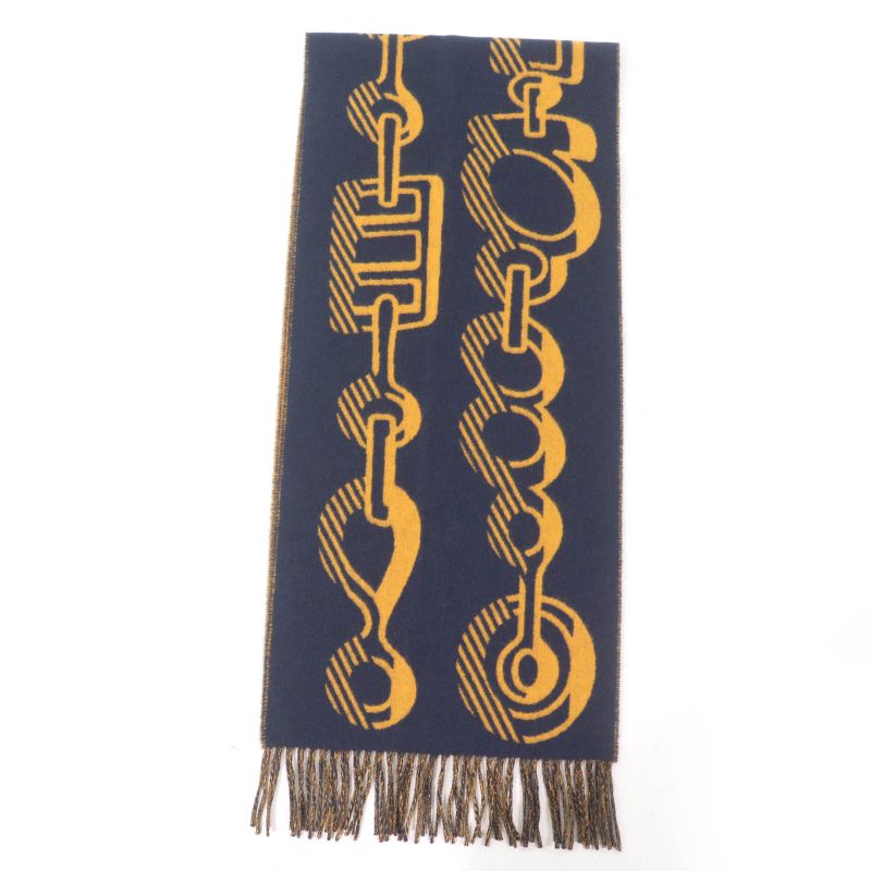 Hermes Dre Buckle Cashmere Echarpe Tisse Fringed Reversible Scarf Navy With Box