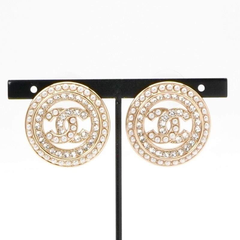 Chanel Earrings Earring Gold Coco Mark Round Rhinestone