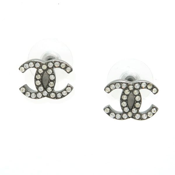 Chanel Coco Mark Earrings F19V Rhinestone Metal Gunmetal Box Included Chanel
