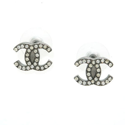 Chanel Coco Mark Earrings F19V Rhinestone Metal Gunmetal Box Included Chanel