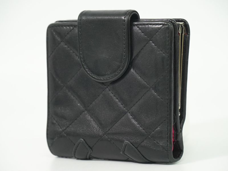 Authentic Chanel Coco Mark Cambon Line Fold Wallet Compact Wallet Leather Black