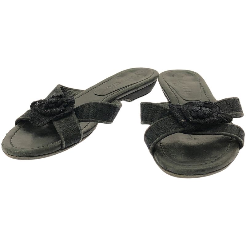 Chanel Camellia Strap Leather Sandals Black
