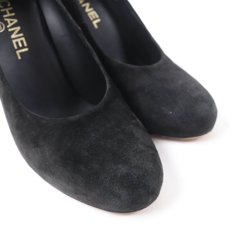 CHANEL G33546 Round Toe Suede Leather Pumps With Coco Mark Black 38 Made In
