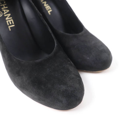 CHANEL G33546 Round Toe Suede Leather Pumps With Coco Mark Black 38 Made In