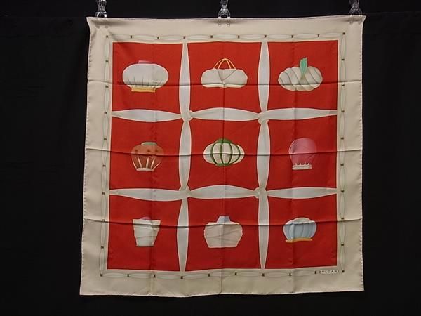 AttireBvlgari 100% Silk Turban Hat Pattern Large Scarf Shawl Beige And Red
