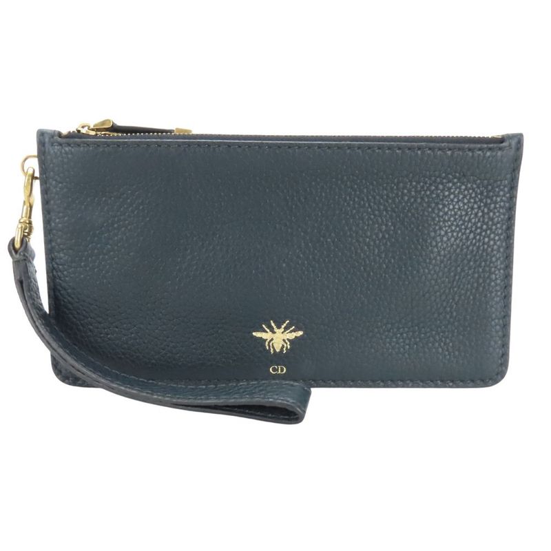 Christian Dior Pouch Bee Leather Navy Gold Hardware Multi Case Clutch Women