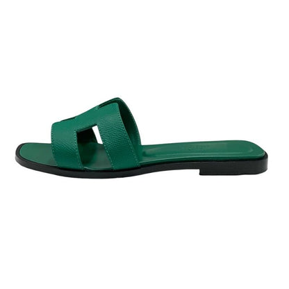 Hermes Oran Sandals Shoes Leather Green Flat Sandals Mules