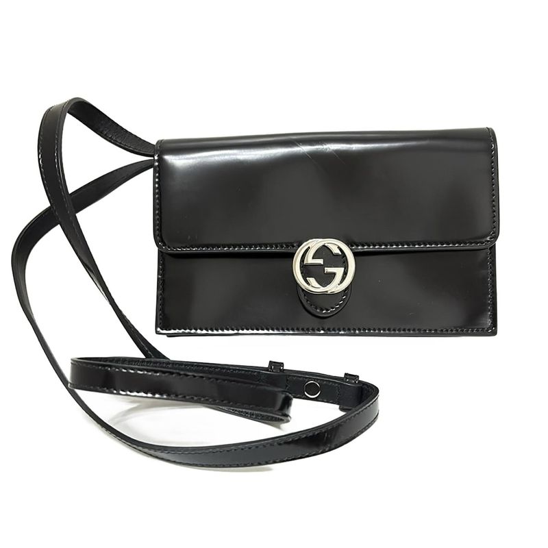 Gucci Wallet Interlocking G 369664 Black Shoulder Wallet With Detachable Strap