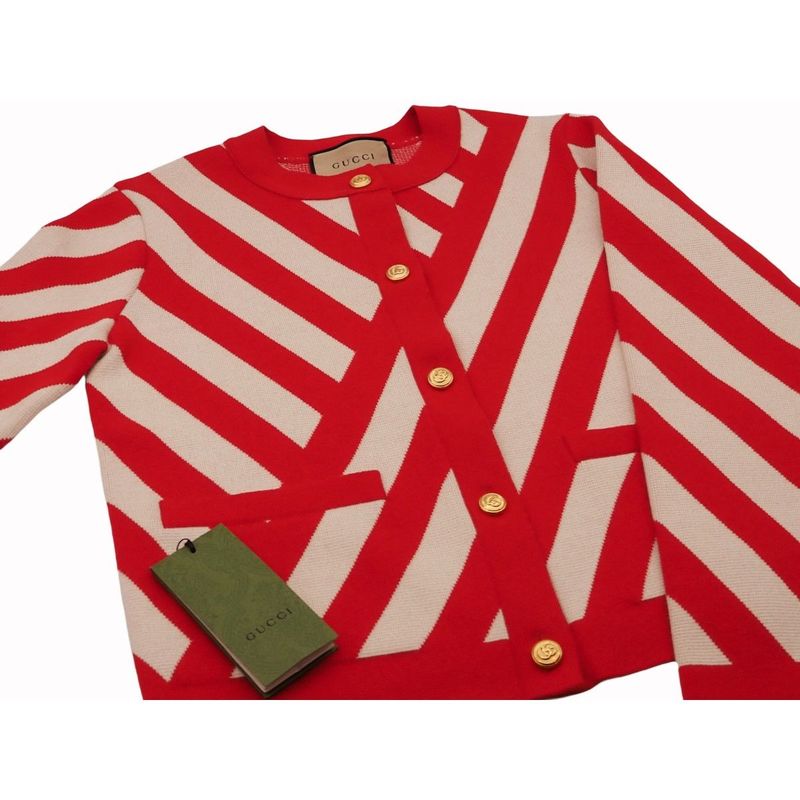 Gucci Striped Cardigan Womens Wool Red Ivory Gold Tone Double G