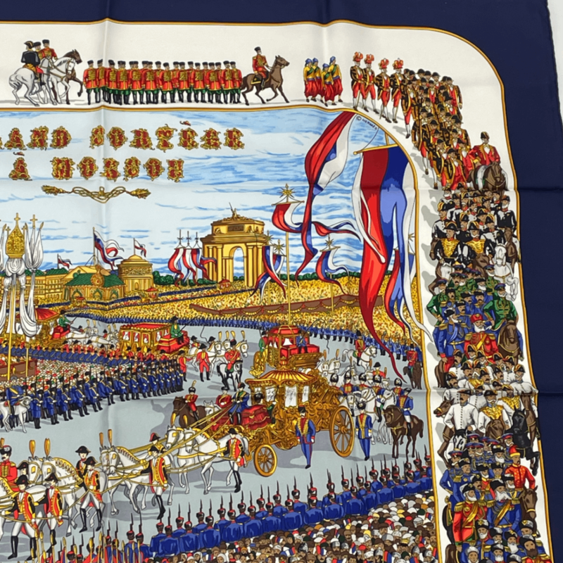 Hermes Carre 90 Grand Cortege A Moscou Moscow Grand March Red Scarf 100% Silk