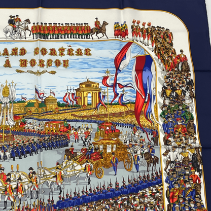 Hermes Carre 90 Grand Cortege A Moscou Moscow Grand March Red Scarf 100% Silk