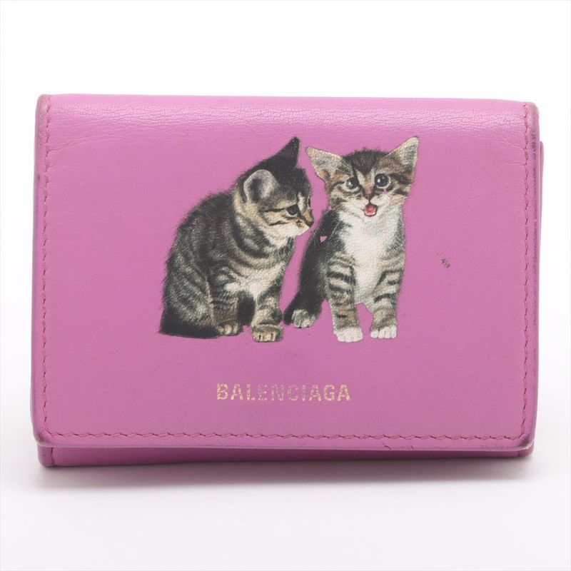 Balenciaga Logo Leather Mini Wallet Compact Wallet Cat 558208 Purple Made In