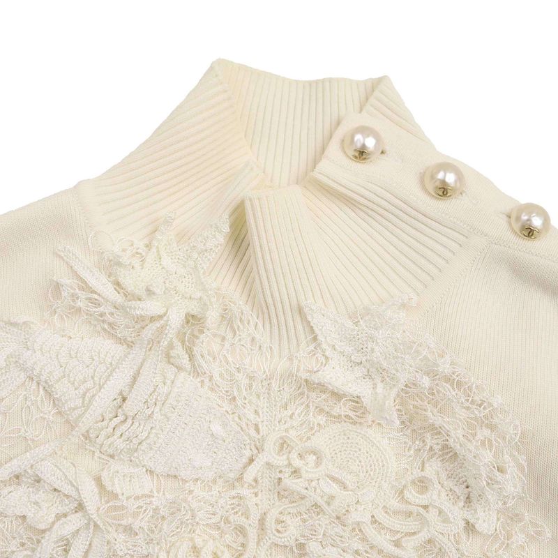Chanel Coco Mark Button Lace Bijoux High Neck Knit Dress P43862k04509 White 36