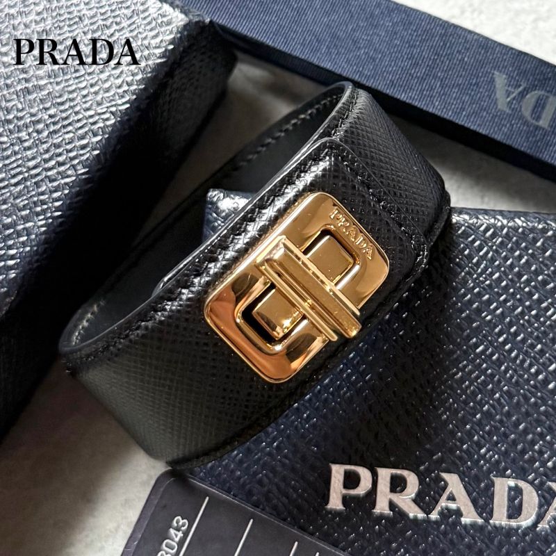 Prada Saffiano Leather Logo Belt Bracelet Turnlock Black Gold Women's Size S