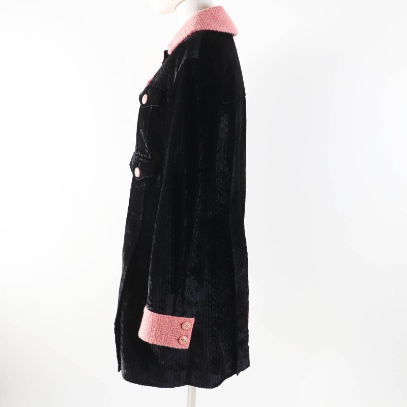CHANEL 22B P73309 Silk-blend Coco Button Tweed Switch Velvet Coat Black Pink 38
